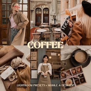 Op de afbeelding: Een collage van afbeeldingen met een persoon in een beige trenchcoat, een café-interieur, een persoon met een Vogue-tijdschrift, een beige stof met label, een persoon in een beige schort, een kop koffie en een doos hartvormige chocolaatjes.