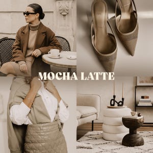 Può includere: Un collage con articoli di moda e decorazioni per la casa in una palette di colori moka. Include una donna con un cappotto marrone, tacchi beige, una gonna trapuntata e un tavolino in legno. Il testo "MOCHA LATTE" è visualizzato.