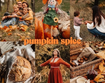 Ajustes preestablecidos de Lightroom con temática de calabaza y especias, ajustes preestablecidos cálidos y rústicos de otoño para fotografía familiar y de retratos, ajustes preestablecidos acogedores de otoño (móvil y ordenador).