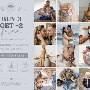 Może przedstawiać: Cyfrowa grafika promocyjna z tekstem BUY 3 GET +2 free, ADD 5 PRESETS TO YOUR CART AND PAY ONLY FOR 3! oraz USE CODE: FREE2, wraz z kolażem dwunastu zdjęć przedstawiających rodziny, kota, świece oraz elementy odzieży.