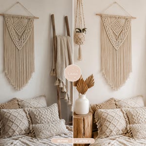 May include: A beige macrame wall hanging with a geometric diamond pattern and long fringe, a macrame plant hanger, a wooden ladder with a draped throw blanket, and three textured throw pillows in beige and cream tones on a bed.