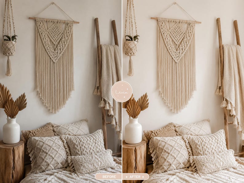 May include: A beige macrame wall hanging with a geometric diamond pattern and long fringe, a macrame plant hanger, a wooden ladder with a draped throw blanket, and three textured throw pillows in beige and cream tones on a bed.