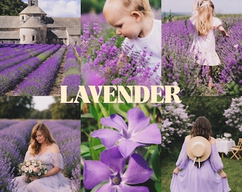 May include: A collage of images featuring lavender fields, a child in a lavender field, a person in a light purple dress holding a bouquet, purple flowers, and a person in a light purple dress with a straw hat. The text reads LIVIA LAVENDER LIGHTROOM PRESETS MOBILE & DESKTOP.