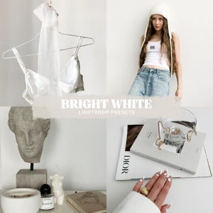 Puede incluir: Un collage con un sujetador y una bufanda blancos, una mujer con una camiseta sin mangas y vaqueros blancos, una escultura de busto y un bolso de cristal sobre un libro. Se muestra el texto "BRIGHT WHITE LIGHTROOM PRESETS".