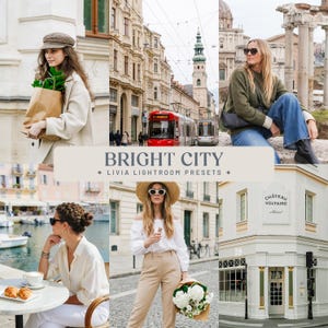 Peut inclure: Un collage numérique présentant six images de photographie de voyage urbain et de style de vie. Le texte central indique BRIGHT CITY LIVIA LIGHTROOM PRESETS. Les images montrent diverses scènes urbaines, dont l'architecture, un tramway et la mode.