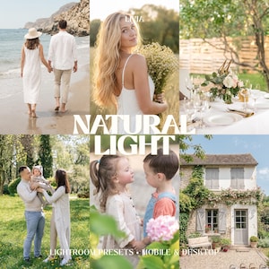 Peut inclure: Un collage de six photographies illustrant la lumière naturelle, incluant un couple sur une plage, une personne avec des fleurs, une table dressée, une famille dans un champ, deux enfants et une maison en pierre, avec le texte NATURAL LIGHT.