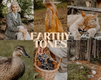 Puede incluir: Un collage de seis imágenes con una persona en blazer gris, un niño con vestido amarillo, un gato naranja durmiendo, un pato marrón, una mano sosteniendo una cesta de uvas oscuras y un sendero forestal, con el texto Earthy Tones, Livia, Lightroom Presets, Mobile & Desktop.