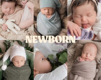 May include: A collage of six newborn infants in various poses, wrapped in soft fabrics and wearing knit hats or headbands. The text NEWBORN LIGHTROOM PRESETS MOBILE & DESKTOP is overlaid on the images, with the name LIVIA appearing above one infant.