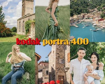 Puede incluir: Un collage de seis fotografías que muestra una torre de piedra, una persona con vestido verde en un campo, una ciudad costera, una persona con cámara en la hierba, un edificio de piedra con flores rojas y una familia, etiquetado Kodak Portra 400.