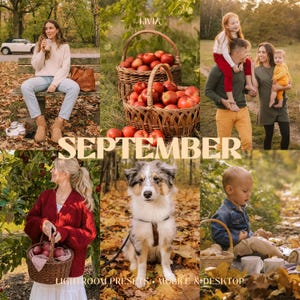 May include: A collage of six images featuring a person on a bench, two woven baskets filled with red apples, a family with a child, a person holding an apple basket, a dog in autumn leaves, and a child with a basket, with the text SEPTEMBER.