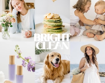 May include: A collage of six bright, high-key photographs featuring a person with flowers, a stack of pancakes with honey, two children with a stuffed animal, two lavender-coloured bottles with wooden caps, a golden retriever, and a person in a hat.