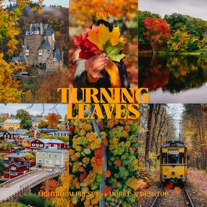 May include: A collage featuring autumn scenes: a stone castle, a hand holding colorful maple leaves, a lake with red trees, a town with red and white houses, a forest canopy, and a yellow tram on tracks, with the text TURNING LEAVES.