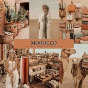 May include: A digital collage featuring a desert landscape, cacti in terracotta pots, a person in a headscarf, various tote bags, a rooftop terrace with seating, and camels, with the text MOROCCO LIVIA LIGHTROOM PRESETS centered.