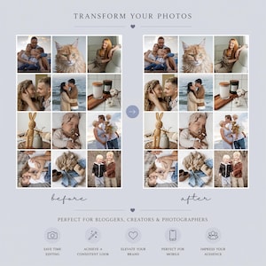 Może przedstawiać: Cyfrowa grafika zatytułowana TRANSFORM YOUR PHOTOS przedstawiająca dwie identyczne siatki ośmiu zdjęć z etykietami before i after. Obrazy ukazują r&oacute;żne sceny z życia, portrety, kota, niemowlę i odzież. Tekst zawiera PERFECT FOR BLOGGERS, CREATORS & PHOTOGRAPHERS.