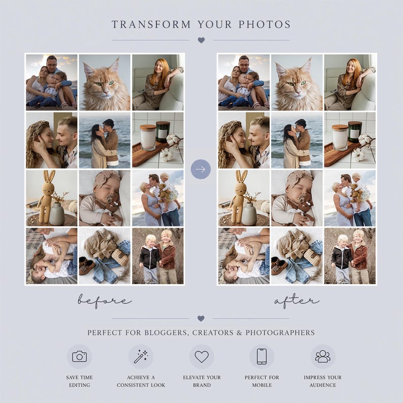 Może przedstawiać: Cyfrowa grafika zatytułowana TRANSFORM YOUR PHOTOS przedstawiająca dwie identyczne siatki ośmiu zdjęć z etykietami before i after. Obrazy ukazują r&oacute;żne sceny z życia, portrety, kota, niemowlę i odzież. Tekst zawiera PERFECT FOR BLOGGERS, CREATORS & PHOTOGRAPHERS.