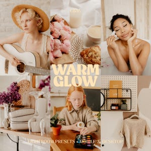 Op de afbeelding: Een digitale collage met de tekst WARM GLOW en LIGHTROOM PRESETS MOBILE & DESKTOP. De afbeeldingen tonen een persoon met een gitaar, roze pioenrozen, een croissant, een persoon in bad, paarse bloemen, een schilderend persoon en een beige trui.