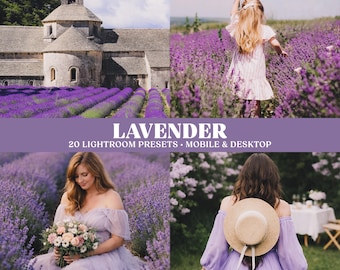 Ajustes preestablecidos de Lightroom color lavanda, ajustes preestablecidos morados suaves para retratos y fotos florales, filtros primaverales de ensueño, para dispositivos móviles y de escritorio.