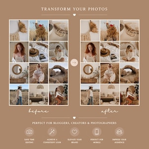 Op de afbeelding: Een digitale productweergave met een voor-en-na vergelijking van een fotolay-out met negen rasters. De afbeelding bevat de tekst TRANSFORM YOUR PHOTOS, before, after en PERECT FOR BLOGGERS, CREATORS & PHOTOGRAPHERS, met vijf iconen eronder.