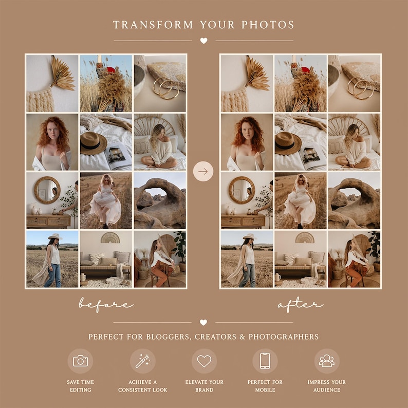 Op de afbeelding: Een digitale productweergave met een voor-en-na vergelijking van een fotolay-out met negen rasters. De afbeelding bevat de tekst TRANSFORM YOUR PHOTOS, before, after en PERECT FOR BLOGGERS, CREATORS & PHOTOGRAPHERS, met vijf iconen eronder.