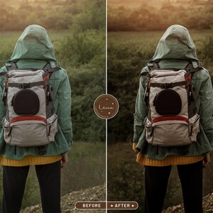 May include: A person wearing a green hooded jacket and a gray backpack with a black circular patch. The person is standing in a field with green grass and trees in the background.