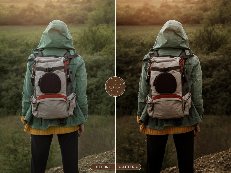 May include: A person wearing a green hooded jacket and a gray backpack with a black circular patch. The person is standing in a field with green grass and trees in the background.