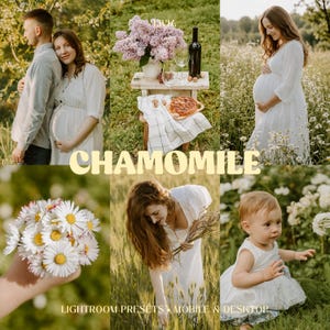 May include: A collage of six images featuring a couple, a picnic setting with lilacs and wine, a pregnant person in a field, a bouquet of white daisies, a person in a field, and a toddler, with the text CHAMOMILE and LIGHTROOM PRESETS.
