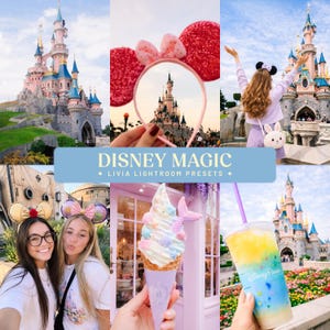 May include: A collage of images featuring a pink castle, red glittery mouse ears, a person with a white bunny bag, two people wearing mouse ears, a pastel soft serve ice cream cone with a mermaid tail, and a yellow and blue drink with a straw.