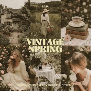 Op de afbeelding: Een digitale collectie fotobewerkingspresets genaamd VINTAGE SPRING, met een collage van afbeeldingen waaronder een stenen huisje, een persoon in een veld, een stapel boeken met een theekopje en diverse bloemrijke scènes.