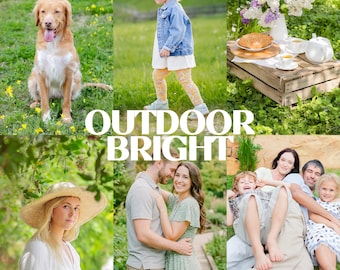 Op de afbeelding: Een collage van zes buitenfoto's met een gouden hond, een peuter in een spijkerjasje, een picknickset met een witte theepot, een persoon met een strooien hoed, een knuffelend stel en een zittend gezin, met de tekst OUTDOOR BRIGHT.