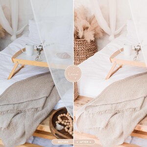 May include: A split-screen comparison showing a bedroom scene with a white bed, a wooden breakfast tray holding a white mug and small vase, a beige throw blanket, and a wooden bowl with wooden beads, featuring a before and after color edit.