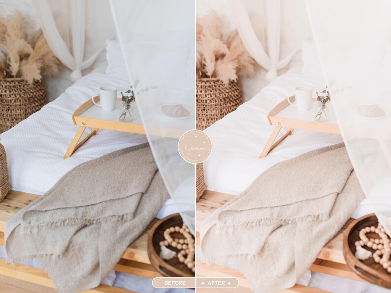 May include: A split-screen comparison showing a bedroom scene with a white bed, a wooden breakfast tray holding a white mug and small vase, a beige throw blanket, and a wooden bowl with wooden beads, featuring a before and after color edit.