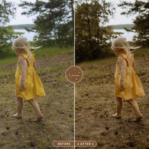 May include: A young girl wearing a yellow dress stands in a grassy field. The girl is facing away from the camera and has her hair pulled back. The field is green and brown with some trees in the background.