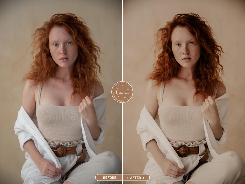 Op de afbeelding: Een persoon met krullend rood haar draagt een beige crop top, een wit overhemd en een lichte broek met een bruine riem met een ronde gesp. De afbeelding toont een voor-en-na vergelijking met een logo in het midden.
