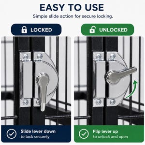 May include: A metal crate door latch mechanism with a chrome finish. The left side shows the lever in the downward locked position, while the right side shows the lever flipped upward to the unlocked position. Text reads EASY TO USE, LOCKED, and UNLOCKED.