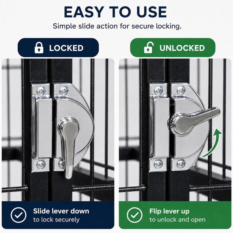 May include: A metal crate door latch mechanism with a chrome finish. The left side shows the lever in the downward locked position, while the right side shows the lever flipped upward to the unlocked position. Text reads EASY TO USE, LOCKED, and UNLOCKED.