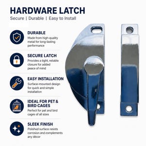 May include: A silver-colored metal hardware latch with a polished finish, consisting of a semi-circular base with a rotating lever and a separate rectangular strike plate. The image includes text: HARDWARE LATCH, Secure, Durable, Easy to Install.