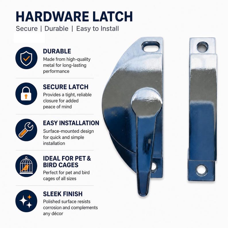 May include: A silver-colored metal hardware latch with a polished finish, consisting of a semi-circular base with a rotating lever and a separate rectangular strike plate. The image includes text: HARDWARE LATCH, Secure, Durable, Easy to Install.