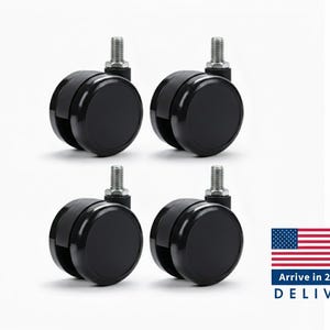 May include: Four black swivel caster wheels with silver threaded stems, set against a white background. The wheels are round and appear to be made of a durable plastic. The image includes the US flag and the text "US WareHouse".