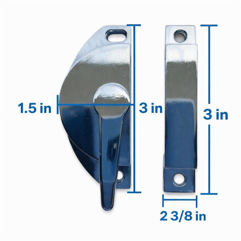 May include: A polished chrome window sash lock with a lever handle and a matching keeper plate. The lock measures 3 inches in height and 1.5 inches in width, while the keeper plate measures 3 inches in height and 2 3/8 inches in width.