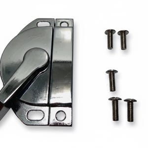May include: A polished chrome window sash lock featuring a semi-circular base with a rotating lever handle and a rectangular mounting plate with two screw holes. The set includes five small metal screws with flat heads for installation purposes.