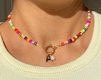 Colorful pearl letter necklace + choice of a freshwater pearl or a heart *PLEASE add the letter(s) when personalizing*