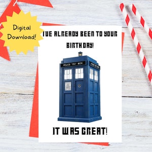 Carte d'anniversaire Doctor Who imprimable, téléchargement immédiat, carte de 7 x 5 pouces.