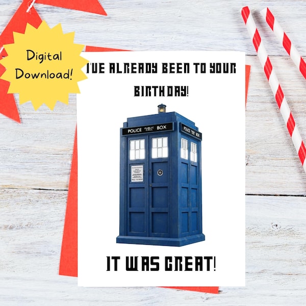 Printable Doctor Who Birthday Card, instant download, 7x5 inch card.