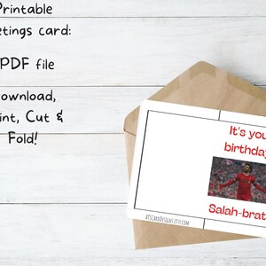 May include: Printable birthday card featuring a photo of a soccer player celebrating a goal. The card has the text "It's your birthday!" and "Salah-brate!" in red.