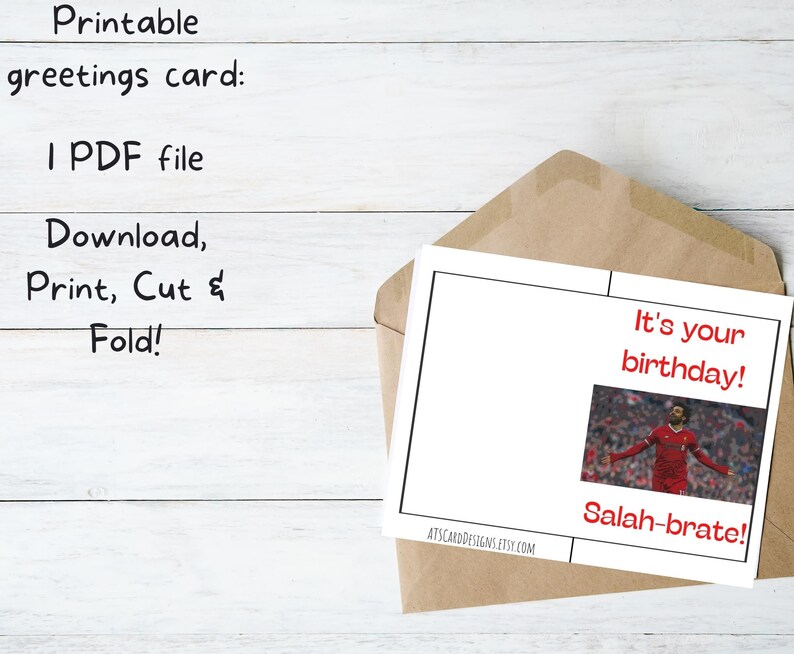 May include: Printable birthday card featuring a photo of a soccer player celebrating a goal. The card has the text "It's your birthday!" and "Salah-brate!" in red.