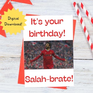 Cartão de aniversário Liverpool Mohamed Salah para impressão, cartão de felicitações, download instantâneo, cartão de 7 x 5 polegadas.