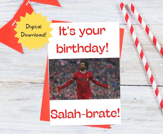 Printable Liverpool Mohamed Salah Birthday Card, Greetings Card, instant download, 7x5 inch card.