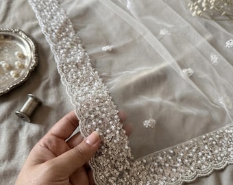 White Bridal Net Dupatta, Elegant Indian Wedding dupatta, Designer Cutwork Border