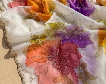 Hand Painted Organza Dupatta | White Floral Lightweight Ethnic Scarf, Party Wear