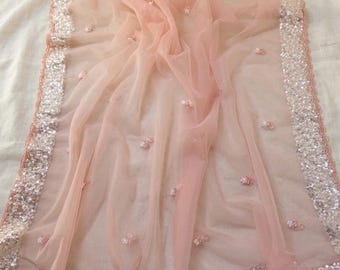 Light Pink Net Dupatta with Silver Sequins and White Pearl Work Elegant Wedding Scarf